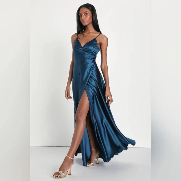 Lulus Shades of Love Teal Blue Satin Faux-Wrap Maxi Dress Wedding Party Prom - Picture 2 of 12